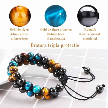 Bratara energetica cu tripla protectie, realizata din pietre semipretioase hematit, ochi de tigru galben si ochi de tigru albastru de 8 mm – bratara pentru energie, protectie, meditatie [1]