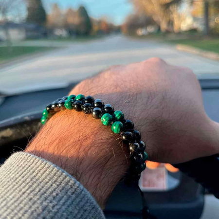Bratara tripla protectie cu Cristale 8mm de Malachit, Obsidian Negru si Pietre Hematit - Bijuterie Autentica de Vindecare pentru Barbati si Femei [4]