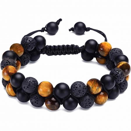Incredere si Curaj - Bratara cu tripla protectie Ochi de tigru, onix negru mat si roca vulcanica - Margele de 8 mm, realizata manual pentru barbati si femei, aduce noroc, prosperitate si fericire