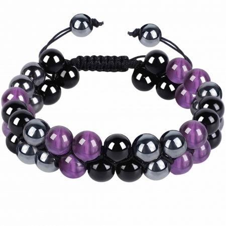 Berbec - Bratara tripla protectie cu pietre semipretioase 6mm ametist, hematit si obsidian negru -  Imbunatateste carisma, norocul si fericirea