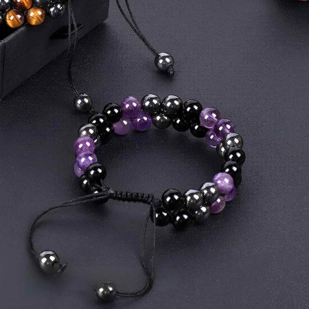 Bratara tripla protectie cu pietre semipretioase 6mm ametist, hematit si obsidian negru -  Imbunatateste carisma, norocul si fericirea [4]