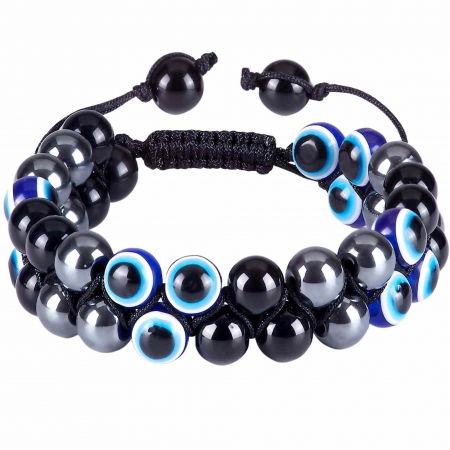 Obsidian - Bratara cu tripla protectie margele 8 mm cu "Ochiul rau", Obsidian negru si Hematit - Aduce noroc si bogatie