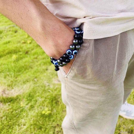 Bratara cu tripla protectie margele 8 mm cu "Ochiul rau", Obsidian negru si Hematit - Aduce noroc si bogatie [2]