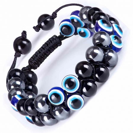 Bratara cu tripla protectie margele 8 mm cu "Ochiul rau", Obsidian negru si Hematit - Aduce noroc si bogatie [4]