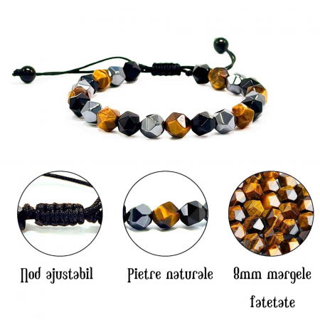 Bratara de tripla protectie lucrata manual din piatra fatetata naturala - Hematita, ochi de tigru si obsidian negru 8mm - Cadouri spirituale pentru curaj [1]