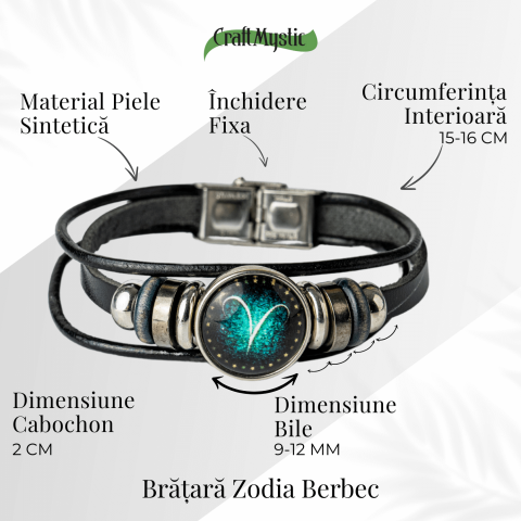 Bratara Zodiacala ajustabila din Piele Sintetica cu Cabochon Rotund – Simbol Astrologic Personalizat pentru Energie si Identitate Astrala [4]
