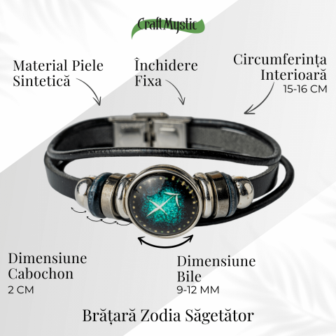 Bratara Zodiacala ajustabila din Piele Sintetica cu Cabochon Rotund – Simbol Astrologic Personalizat pentru Energie si Identitate Astrala [4]