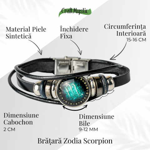 Bratara Zodiacala ajustabila din Piele Sintetica cu Cabochon Rotund – Simbol Astrologic Personalizat pentru Energie si Identitate Astrala [4]