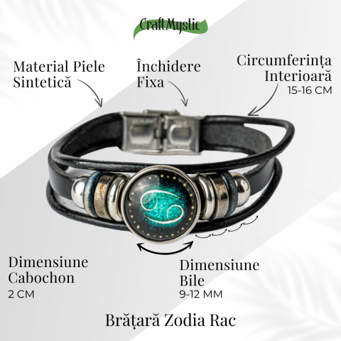 Bratara Zodiacala ajustabila din Piele Sintetica cu Cabochon Rotund – Simbol Astrologic Personalizat pentru Energie si Identitate Astrala [2]