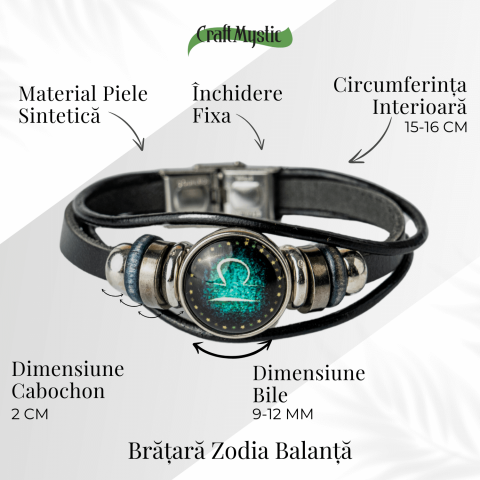 Bratara Zodiacala ajustabila din Piele Sintetica cu Cabochon Rotund – Simbol Astrologic Personalizat pentru Energie si Identitate Astrala [3]