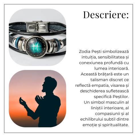 Bratara Zodiacala ajustabila din Piele Sintetica cu Cabochon Rotund – Simbol Astrologic Personalizat pentru Energie si Identitate Astrala [3]