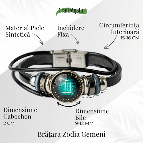 Bratara Zodiacala ajustabila din Piele Sintetica cu Cabochon Rotund – Simbol Astrologic Personalizat pentru Energie si Identitate Astrala [4]