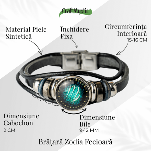 Bratara Zodiacala ajustabila din Piele Sintetica cu Cabochon Rotund – Simbol Astrologic Personalizat pentru Energie si Identitate Astrala [4]