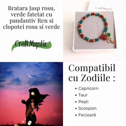 Bratara naturala Jasp rosu si verde fatetat cu accesoriu ren si clopotei - energie si eleganta [6]