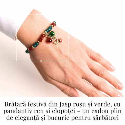 Bratara naturala Jasp rosu si verde fatetat cu accesoriu ren si clopotei - energie si eleganta [3]