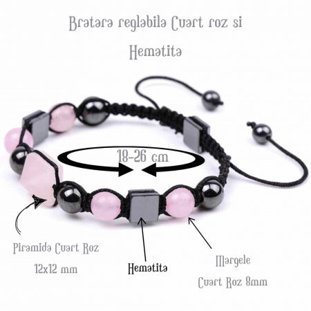 Bratara Ajustabila Impletita cu Margele din Cuart Roz si Hematit de 8mm si Forma de Piramida - Cadou Special [1]