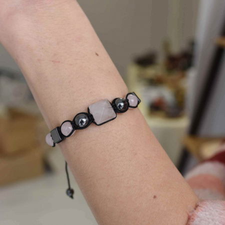 Bratara Ajustabila Impletita cu Margele din Cuart Roz si Hematit de 8mm si Forma de Piramida - Cadou Special [6]