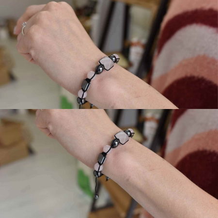 Bratara Ajustabila Impletita cu Margele din Cuart Roz si Hematit de 8mm si Forma de Piramida - Cadou Special [5]