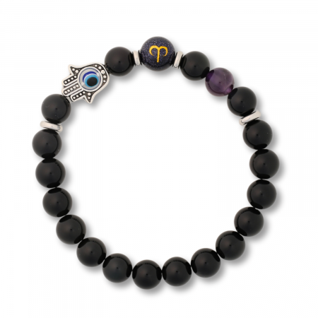 Obsidian -  Bratara pentru Zodii cu Margele de Obsidian, Pandantiv Mana Fatimei si Ochiul "Rau"