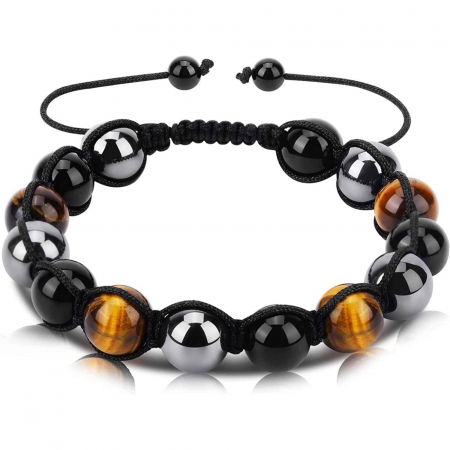 Cristale pe beneficii - Bratara reglabila cu tripla protectie din obsidian negru, ochi de tigru si hematit 10 mm - bratara feng shui pentru protectie, noroc si prosperitate
