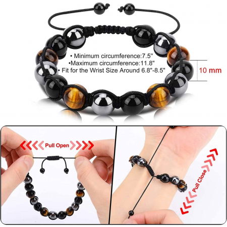 Bratara reglabila cu tripla protectie din obsidian negru, ochi de tigru si hematit 10 mm - bratara feng shui pentru protectie, noroc si prosperitate [1]