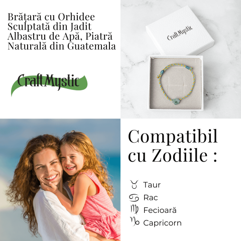 Bratara snur ajustabila cu orhidee sculptata din jadit albastru de apa natural Guatemala [3]