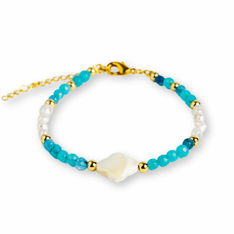 Echilibrare Energetica - Bratara eleganta cu acvamarin si perle naturale pentru claritate mentala si liniste interioara. Lucrata manual, ideala pentru zodiile Rac, Pesti, Balanta. Potrivita pentru chakrele gâtului si coroanei.