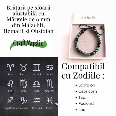 Bratara Tripla Protectie cu Cristale de Malachit, Obsidian Negru si Hematit - Echilibru si Forta [3]