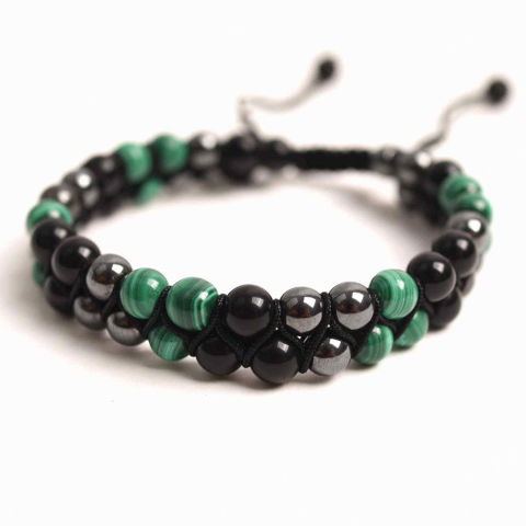 Taur - Bratara Tripla Protectie cu Cristale de Malachit, Obsidian Negru si Hematit - Echilibru si Forta