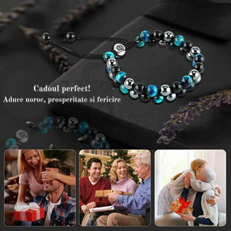 Bratara tripla protectie cu margele 8mm din 3 pietre semipretioase: Ochi de tigru albastru, Hematita si Obsidian [4]