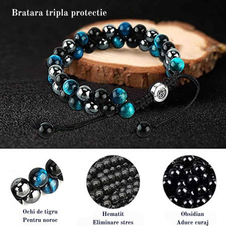 Bratara tripla protectie cu margele 8mm din 3 pietre semipretioase: Ochi de tigru albastru, Hematita si Obsidian [1]