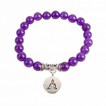 Bratara zen cu cristale semipretioase din ametist 8 mm si pandantiv argintiu gravat cu Buddha - Bratara feng shui pentru meditatie, liniste, echilibru