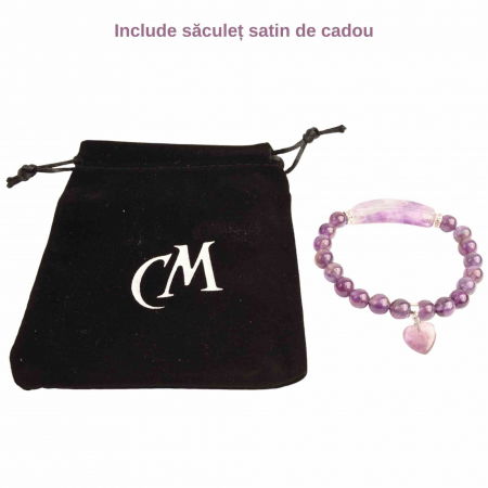Bratara zen cu pietre semipretioase Ametist si pandantiv scluptat in forma de inima - bratara feng shui pentru meditatie, liniste, echilibru [1]