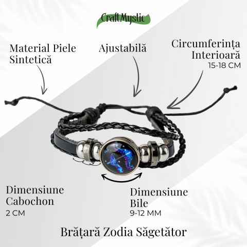 Bratara Zodiacala ajustabila din Piele Sintetica cu Cabochon Rotund – Simbol Astrologic Personalizat pentru Energie si Identitate Astrala [39]