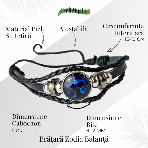 Bratara Zodiacala ajustabila din Piele Sintetica cu Cabochon Rotund – Simbol Astrologic Personalizat pentru Energie si Identitate Astrala [53]