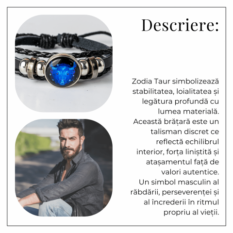 Bratara Zodiacala ajustabila din Piele Sintetica cu Cabochon Rotund – Simbol Astrologic Personalizat pentru Energie si Identitate Astrala [87]