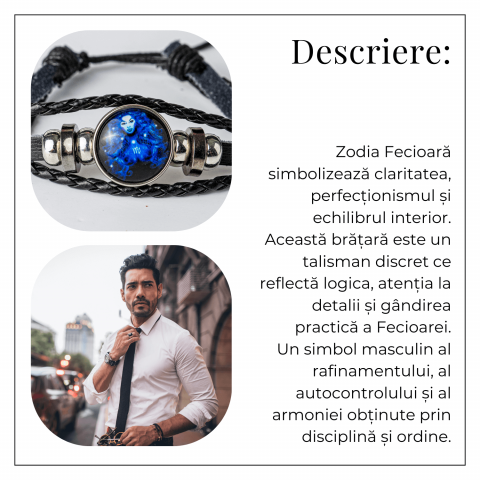 Bratara Zodiacala ajustabila din Piele Sintetica cu Cabochon Rotund – Simbol Astrologic Personalizat pentru Energie si Identitate Astrala [59]