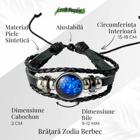 Bratara Zodiacala ajustabila din Piele Sintetica cu Cabochon Rotund – Simbol Astrologic Personalizat pentru Energie si Identitate Astrala [4]