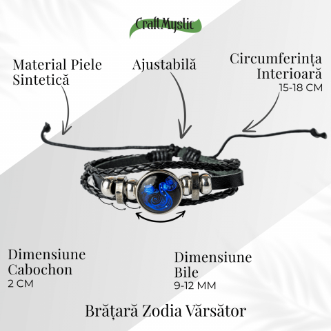 Bratara Zodiacala ajustabila din Piele Sintetica cu Cabochon Rotund – Simbol Astrologic Personalizat pentru Energie si Identitate Astrala [25]