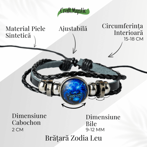 Bratara Zodiacala ajustabila din Piele Sintetica cu Cabochon Rotund – Simbol Astrologic Personalizat pentru Energie si Identitate Astrala [67]