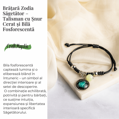 Bratara Zodiacala Ajustabila din Sfoara Cerata si Piele Sintetica – Cabochon Rotund cu Semn Zodiacal si Bila Fosforescenta [2]