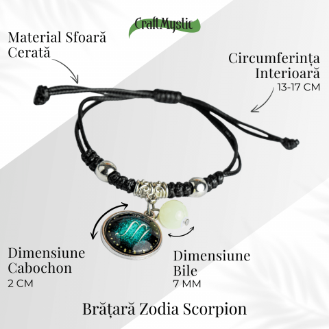Bratara Zodiacala Ajustabila din Sfoara Cerata si Piele Sintetica – Cabochon Rotund cu Semn Zodiacal si Bila Fosforescenta [4]