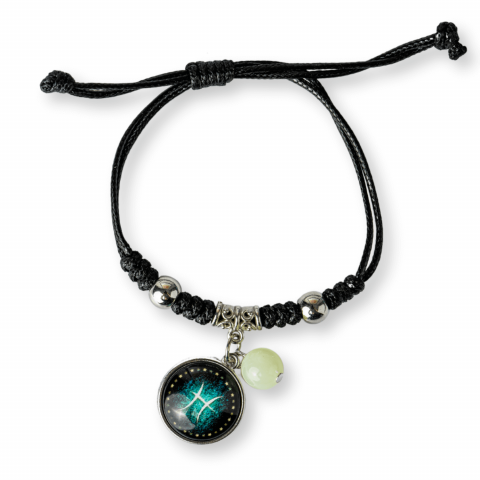 Bratara Zodiacala Ajustabila din Sfoara Cerata si Piele Sintetica – Cabochon Rotund cu Semn Zodiacal si Bila Fosforescenta [0]