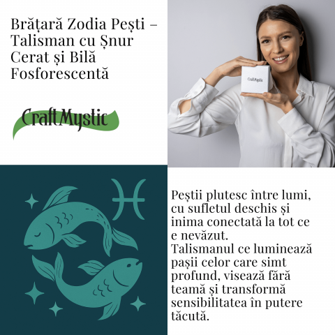 Bratara Zodiacala Ajustabila din Sfoara Cerata si Piele Sintetica – Cabochon Rotund cu Semn Zodiacal si Bila Fosforescenta [3]