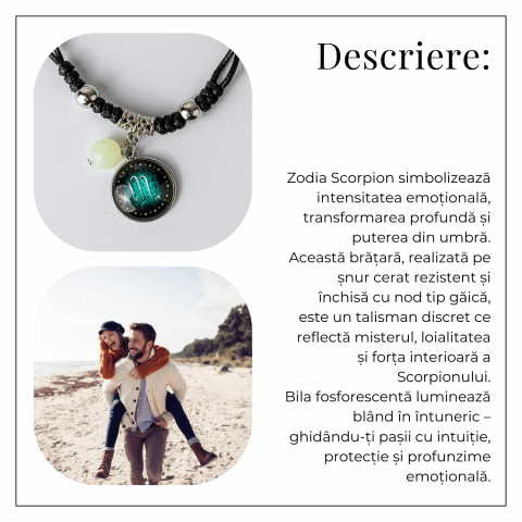 Bratara Zodiacala Ajustabila din Sfoara Cerata si Piele Sintetica – Cabochon Rotund cu Semn Zodiacal si Bila Fosforescenta [6]