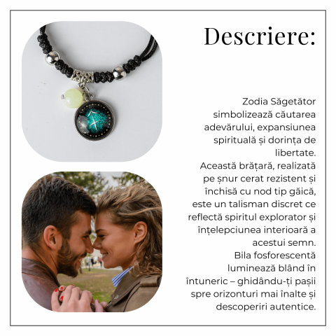 Bratara Zodiacala Ajustabila din Sfoara Cerata si Piele Sintetica – Cabochon Rotund cu Semn Zodiacal si Bila Fosforescenta [5]