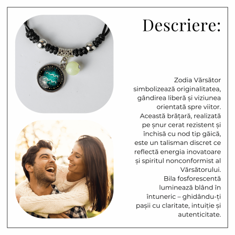 Bratara Zodiacala Ajustabila din Sfoara Cerata si Piele Sintetica – Cabochon Rotund cu Semn Zodiacal si Bila Fosforescenta [3]