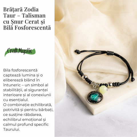 Bratara Zodiacala Ajustabila din Sfoara Cerata si Piele Sintetica – Cabochon Rotund cu Semn Zodiacal si Bila Fosforescenta [2]