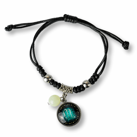 Bratara Zodiacala Ajustabila din Sfoara Cerata si Piele Sintetica – Cabochon Rotund cu Semn Zodiacal si Bila Fosforescenta [0]