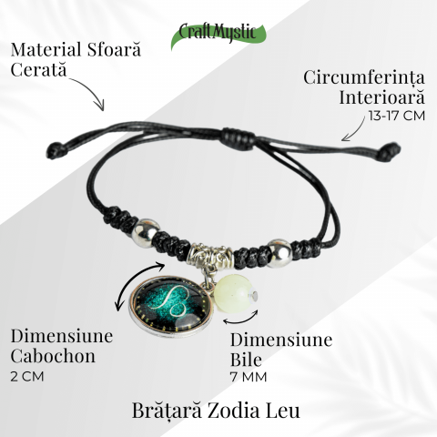 Bratara Zodiacala Ajustabila din Sfoara Cerata si Piele Sintetica – Cabochon Rotund cu Semn Zodiacal si Bila Fosforescenta [5]